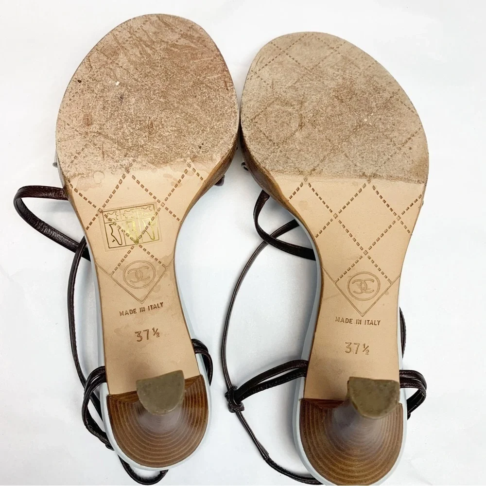Chanel Blue / Brown Wooden Sole Strappy Heels Pumps 37 1/2 - Picture 11 of 13